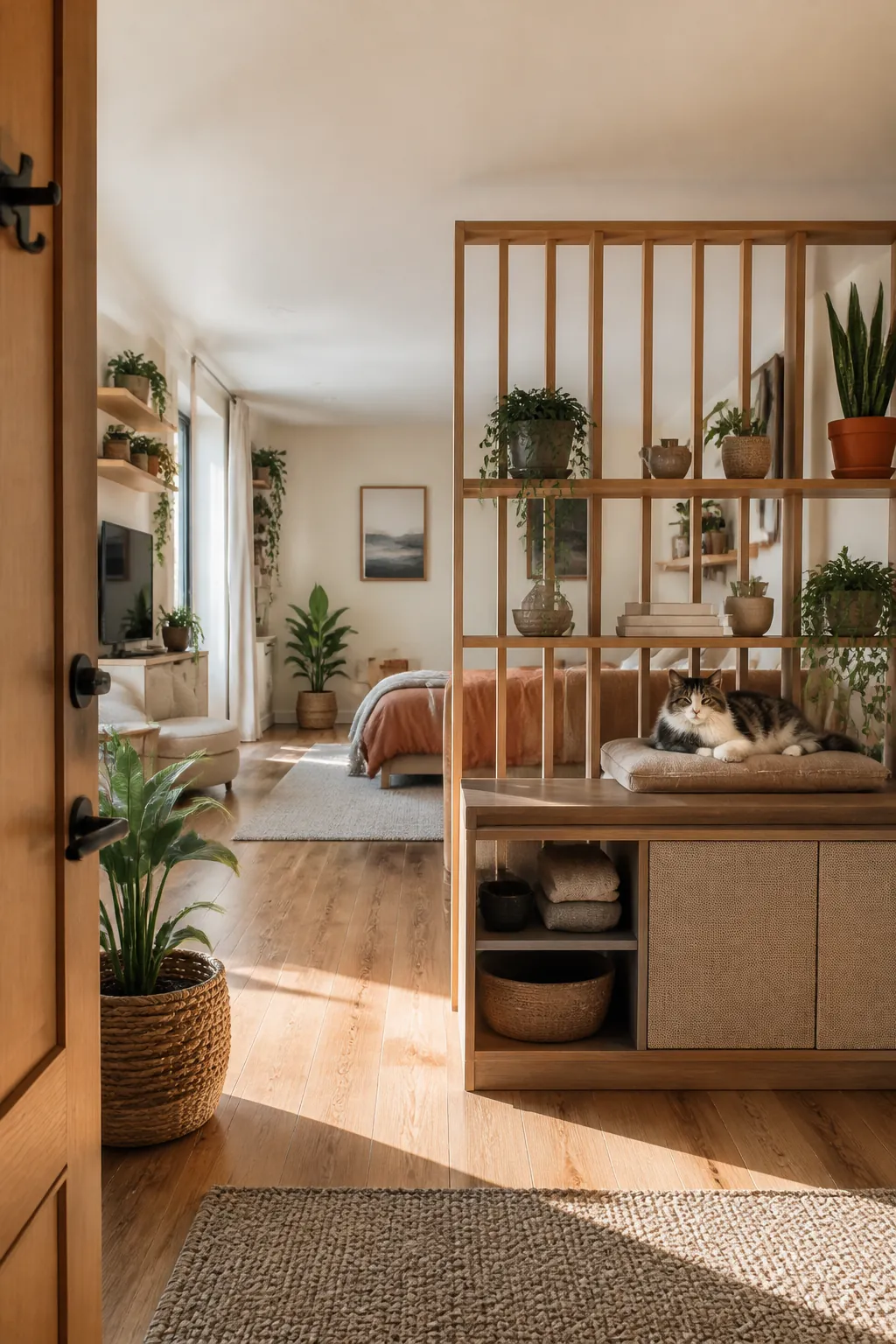 Studio apartment divided by slatted open shelving, a clear sightline visible across the top to the far wall.