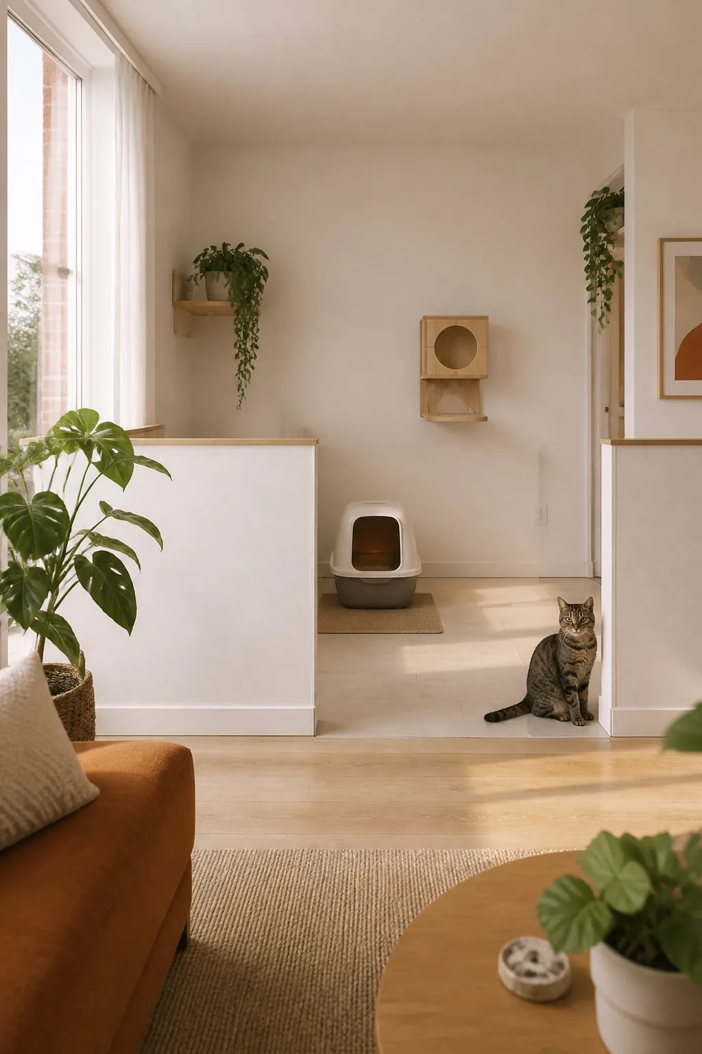 Litter box set against the back wall of a sectioned-off area, well away from the divider line.