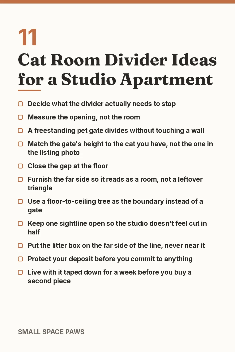 Checklist of every idea in 11 Cat Room Divider Ideas for a Studio Apartment