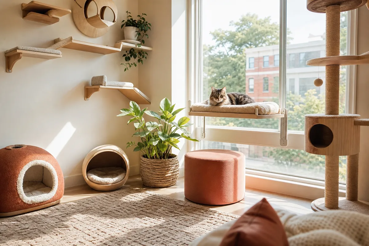 A bright apartment corner with staggered wall shelves, two cat caves on the floor and a cat resting on a window perch.