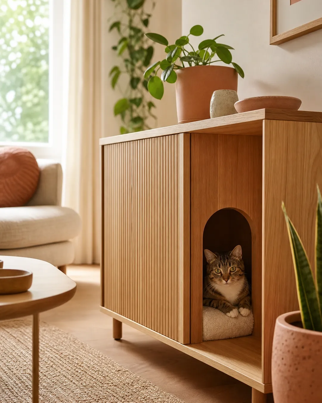 Wooden cabinet with a cat-sized arch cut into its side panel against a wall