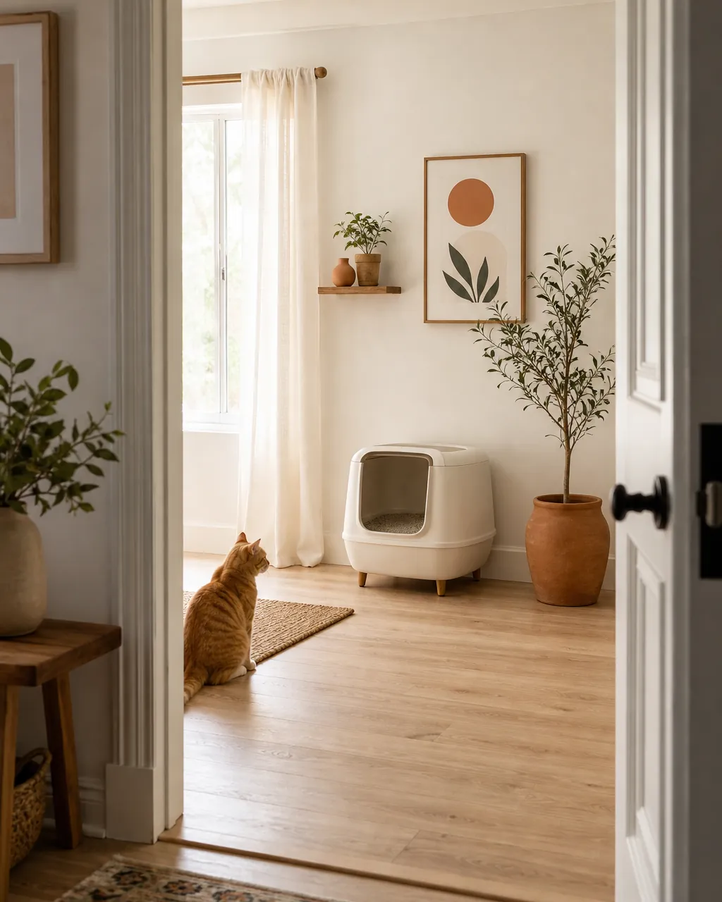 Litter box standing clear of a wall with open floor on both sides