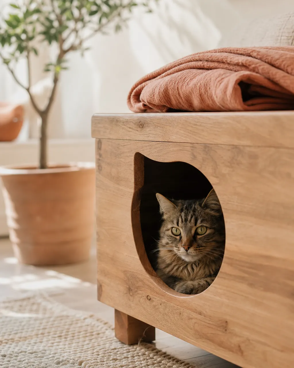Wooden bench with a cat-sized opening in one end and a blanket on top