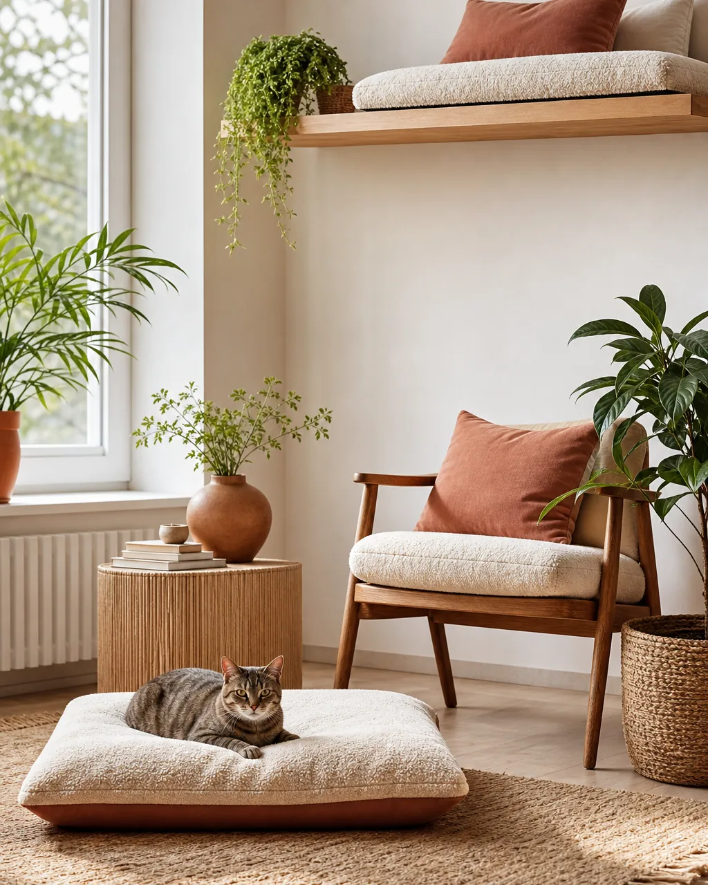 Floor cushion, padded chair seat and a high wall shelf stacked at three heights