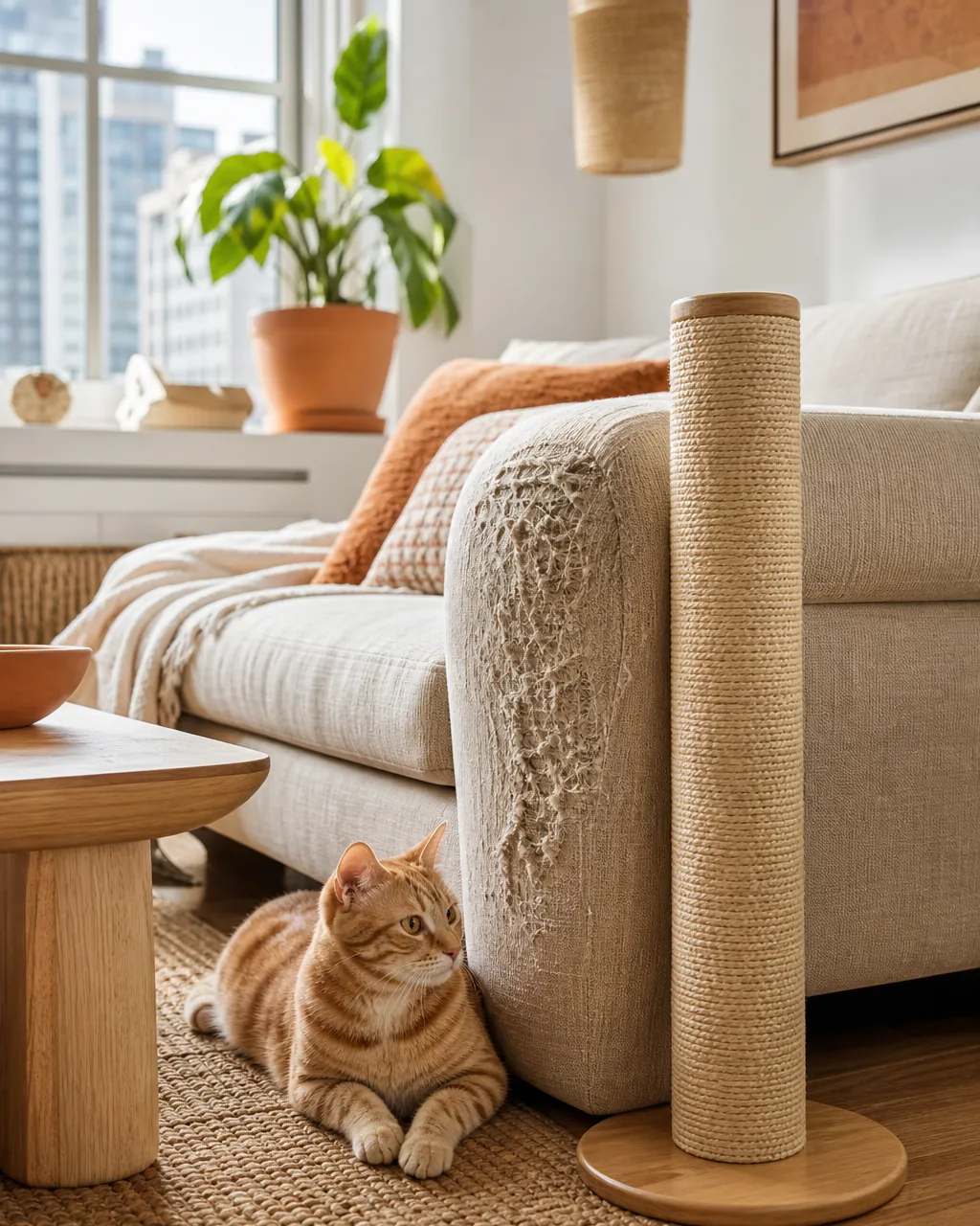 Sisal scratching post standing right beside the arm of a fabric sofa