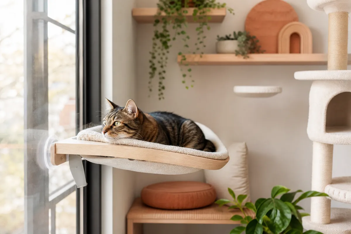 A tabby cat lying on a wall-mounted window hammock beside floating shelves and a sisal cat tower.