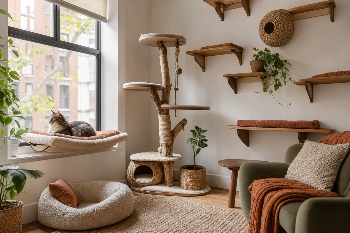 A wider view of the finished cat room, with a window seat, a low tower and clear floor between them.