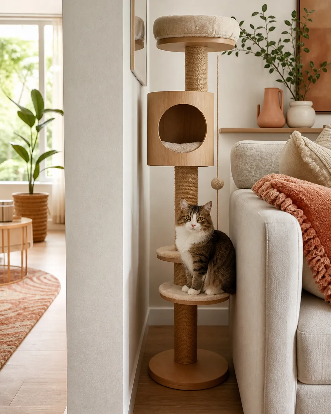 Slim cat tree standing in the narrow gap between a sofa and a wall