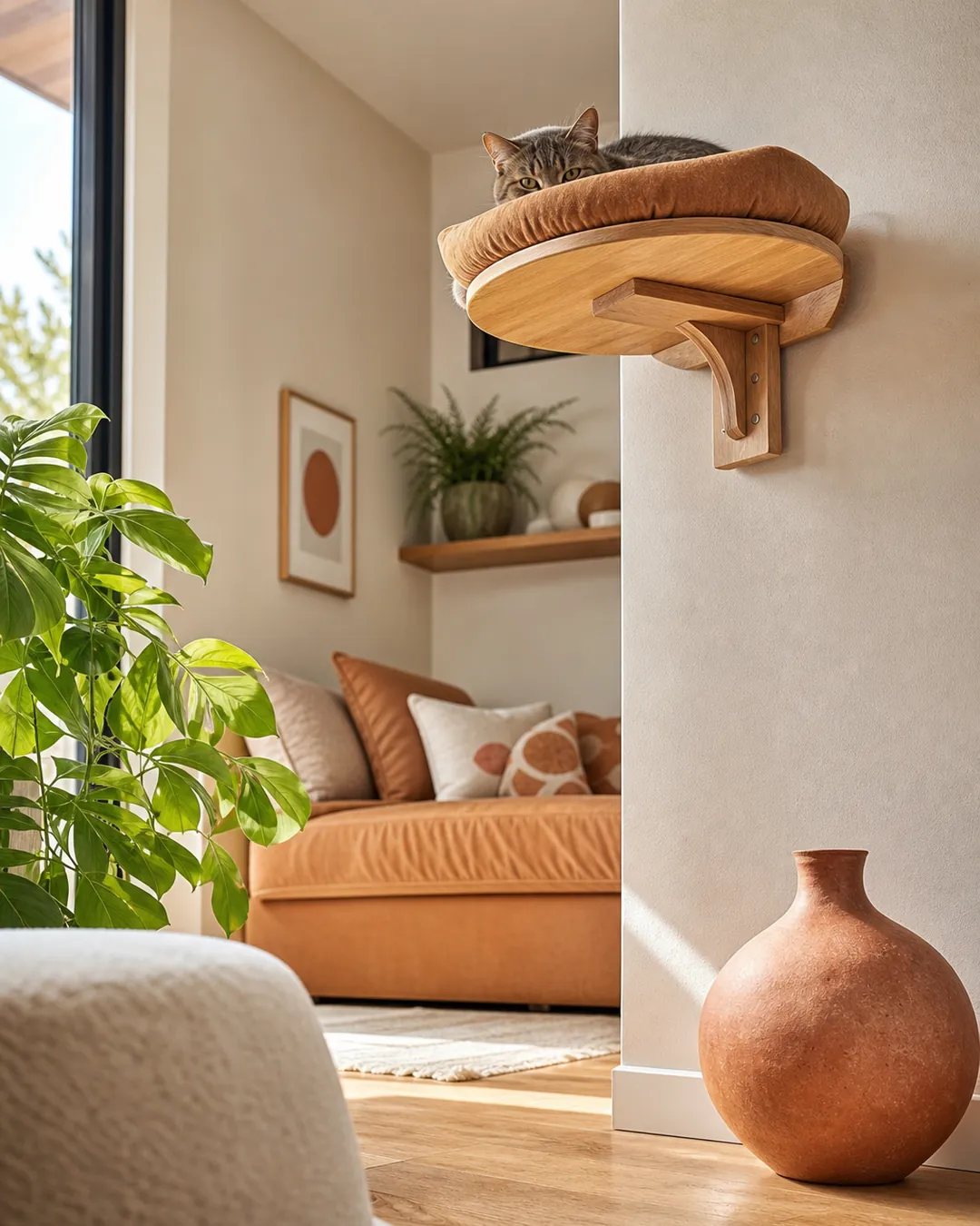 Cat curled in a cushioned bed mounted on a wall bracket at head height