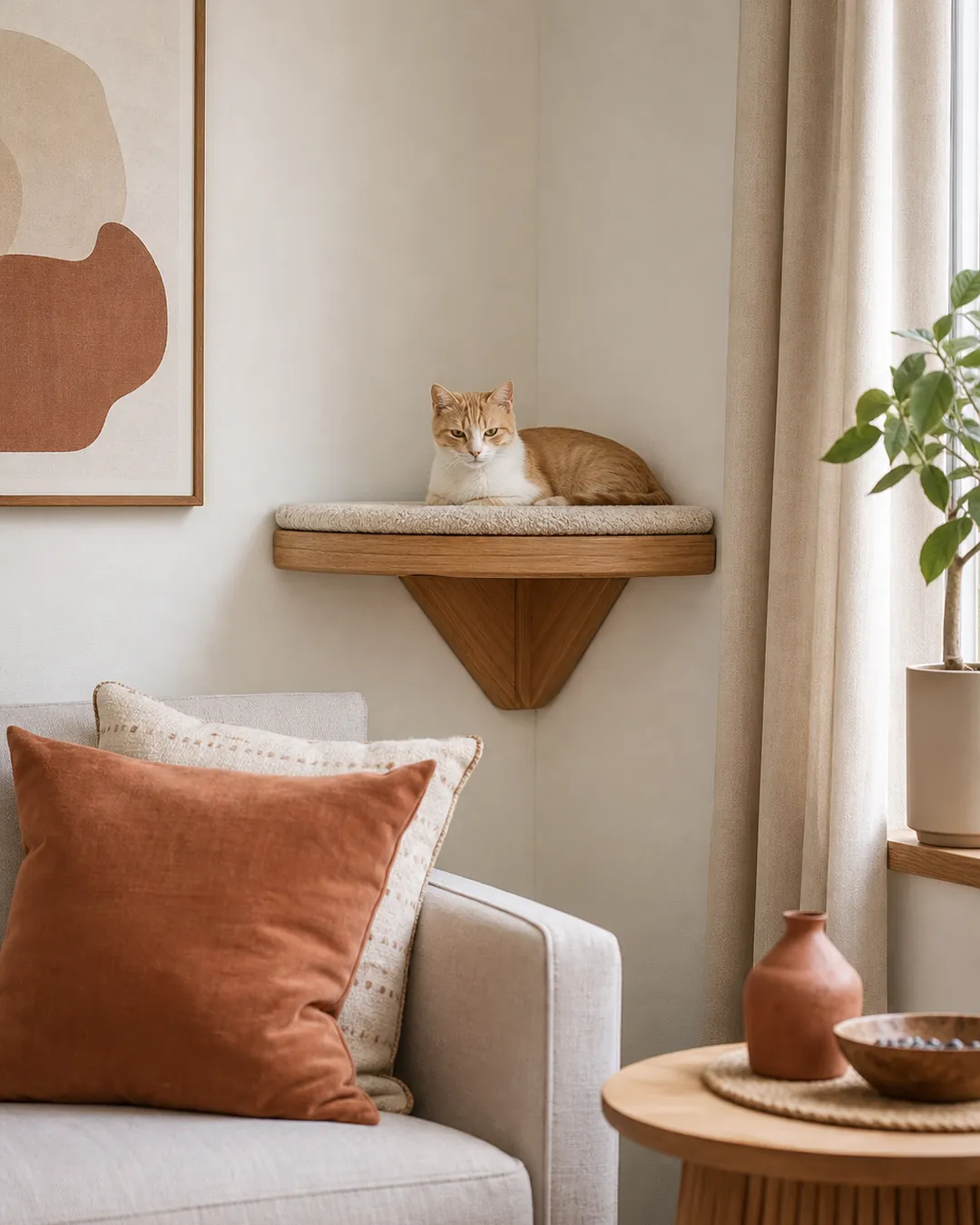 Cat resting on a wooden wall shelf mounted above an armchair by a curtain
