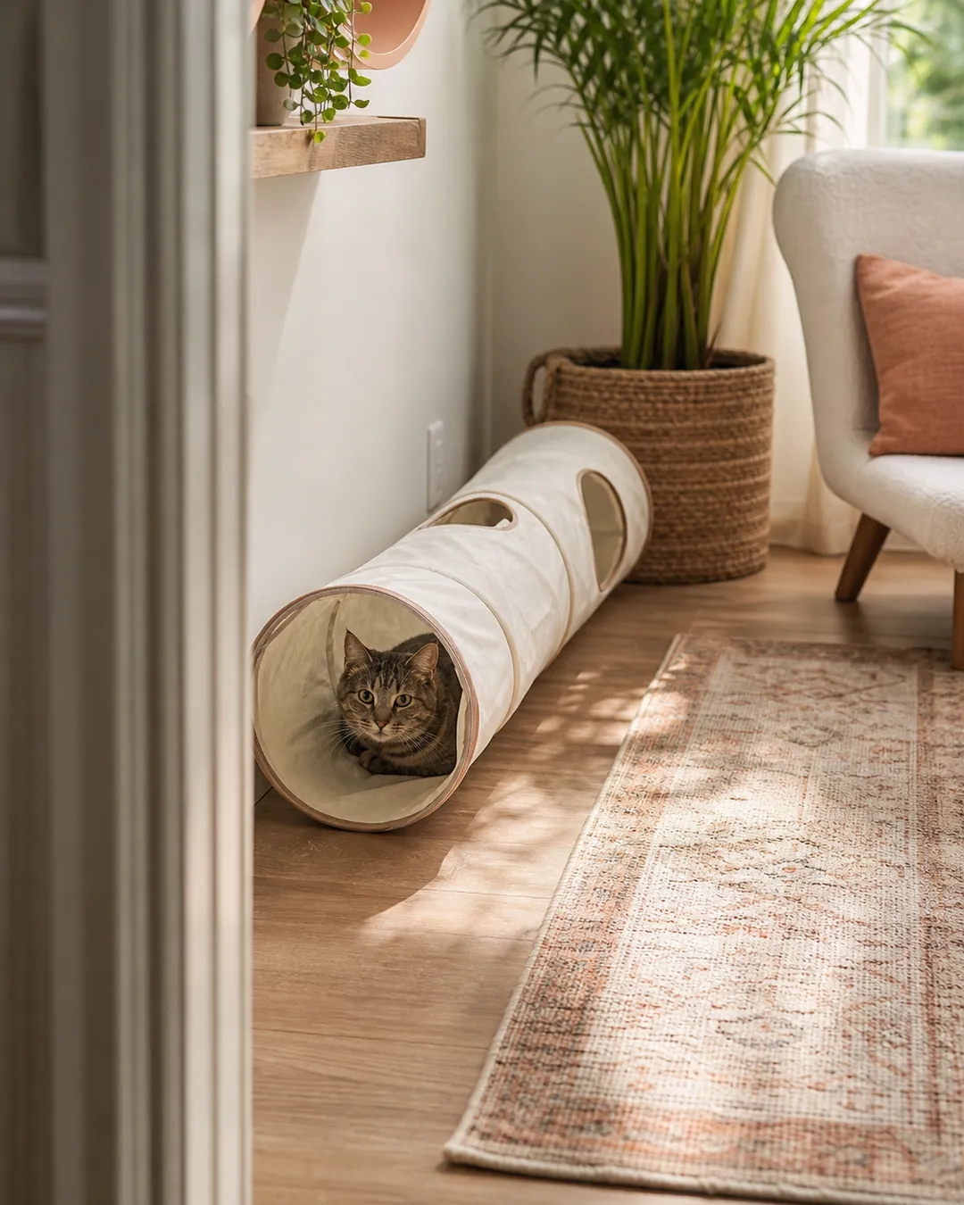 Fabric cat tunnel lying on a patterned rug with a cat looking out one end