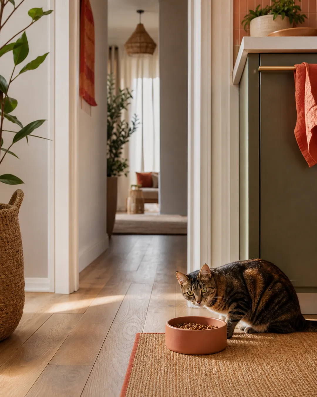 Cat food bowl on a mat in a kitchen doorway, hallway leading away behind