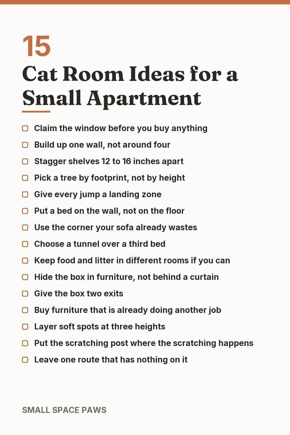 Checklist of every idea in 15 Cat Room Ideas for a Small Apartment