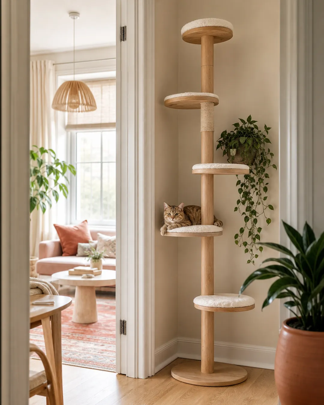 Tall slim cat tree standing on a small square of floor beside a doorway