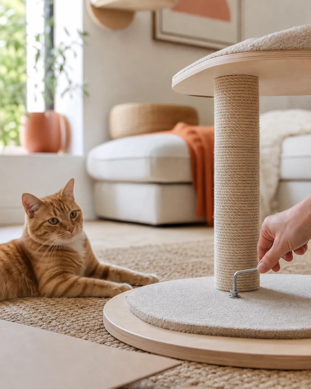 Allen key turning a bolt at the base of a cat tree post during a check