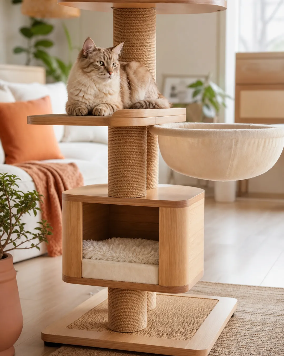 Cat tree with clear floor on both sides and a rug beneath its base