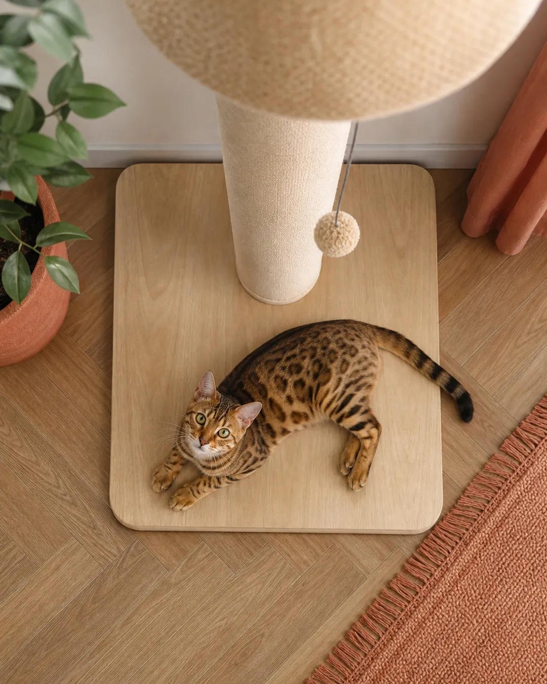 Wide weighted base plate sitting under the post of a cat tree