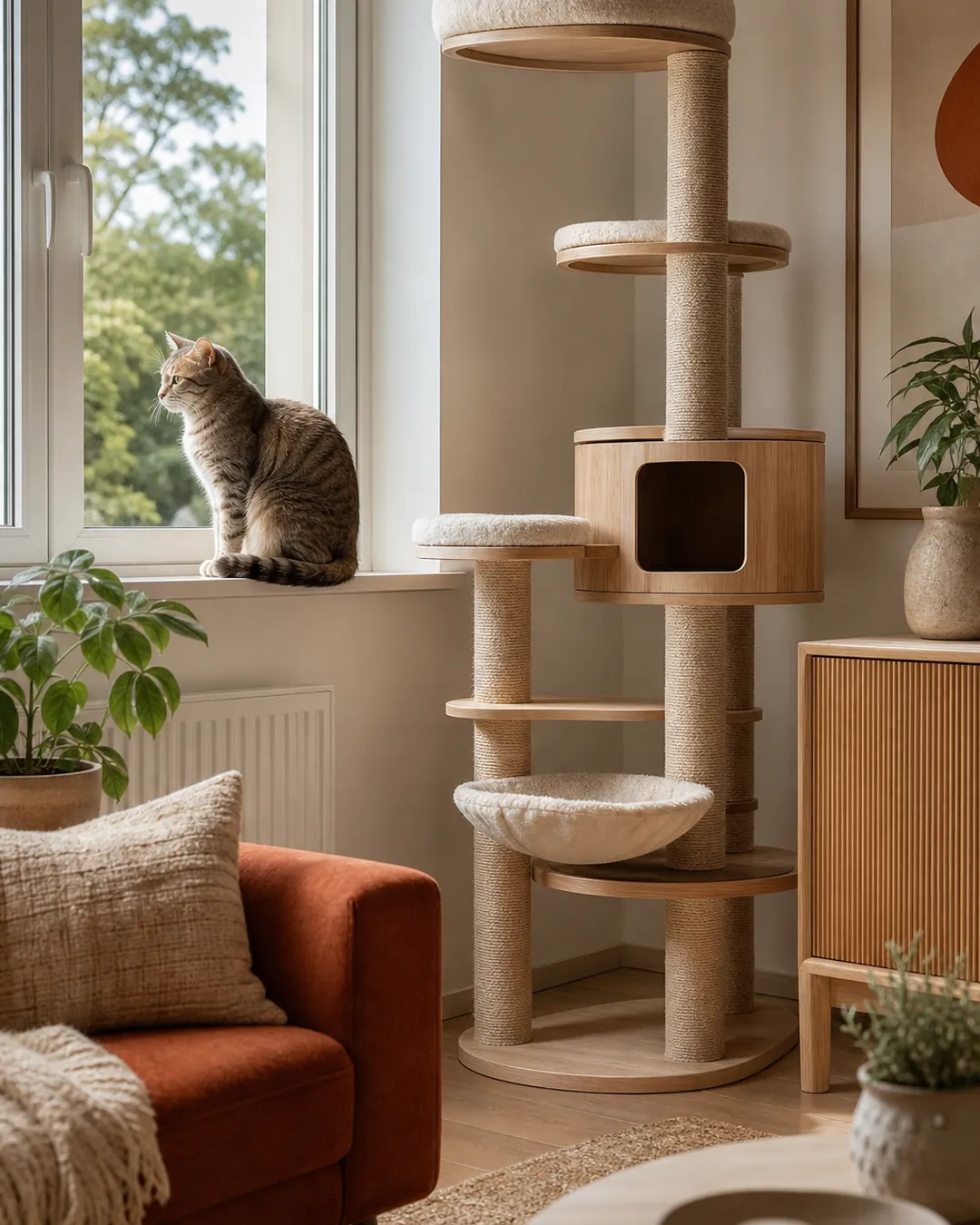 Cat tree standing beside a window where a cat sits on the sill