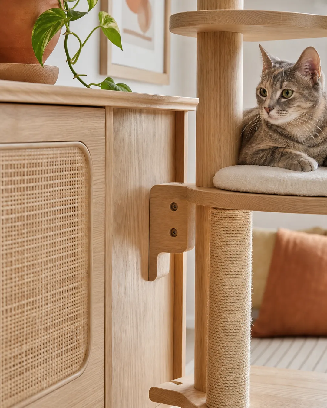 Pale oak cat tree standing beside an oak sideboard in a living room