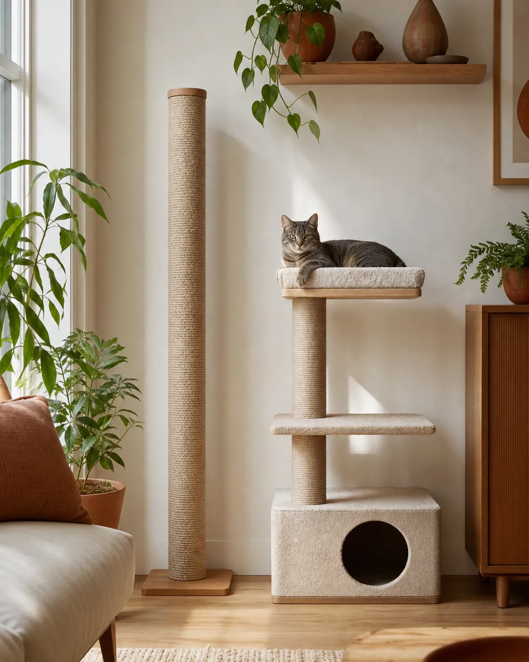 Tall freestanding sisal post standing beside a noticeably shorter cat tree