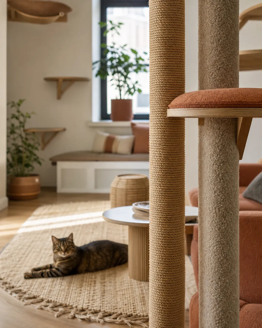 Sisal rope wrapping and carpet nap shown side by side on two posts