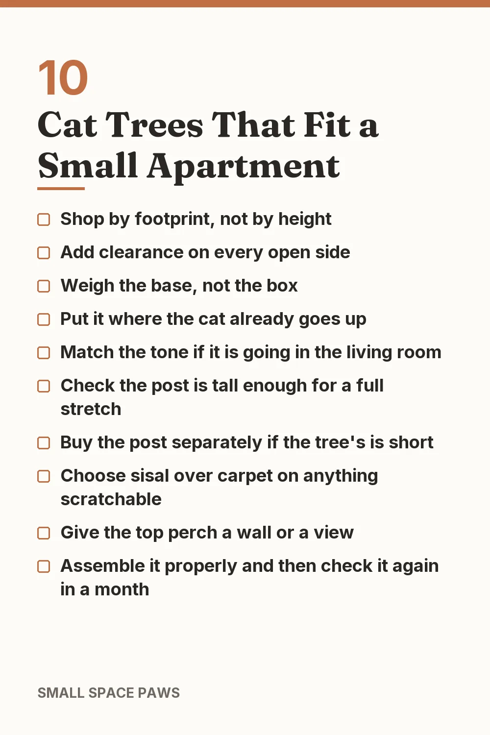 Checklist of every idea in 10 Cat Trees That Fit a Small Apartment