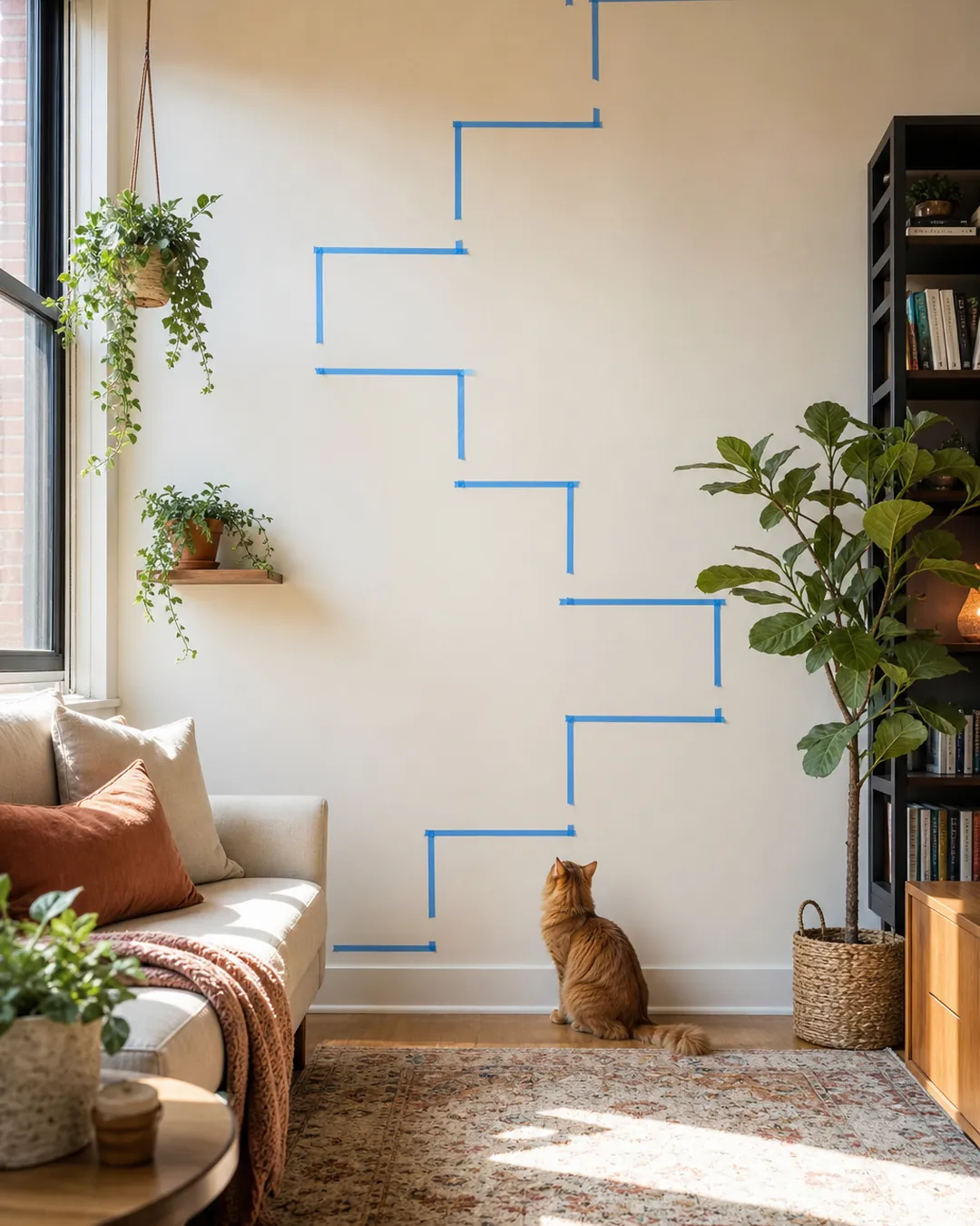Painter's tape marking a staggered climbing path up a bare living room wall