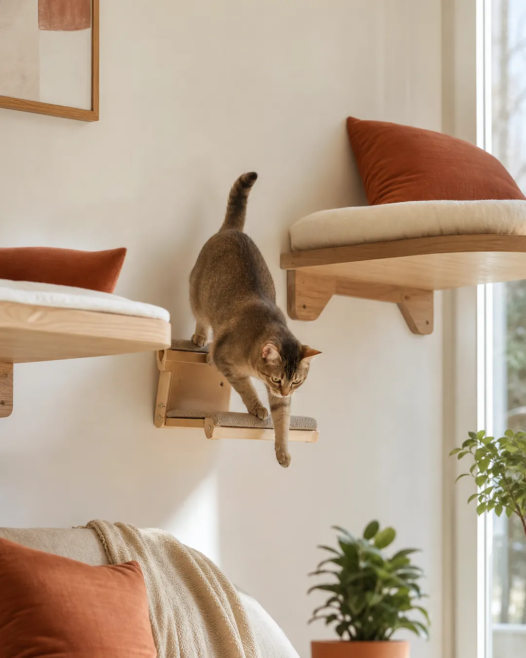 Single small wall step fitted in the gap between two larger cat shelves