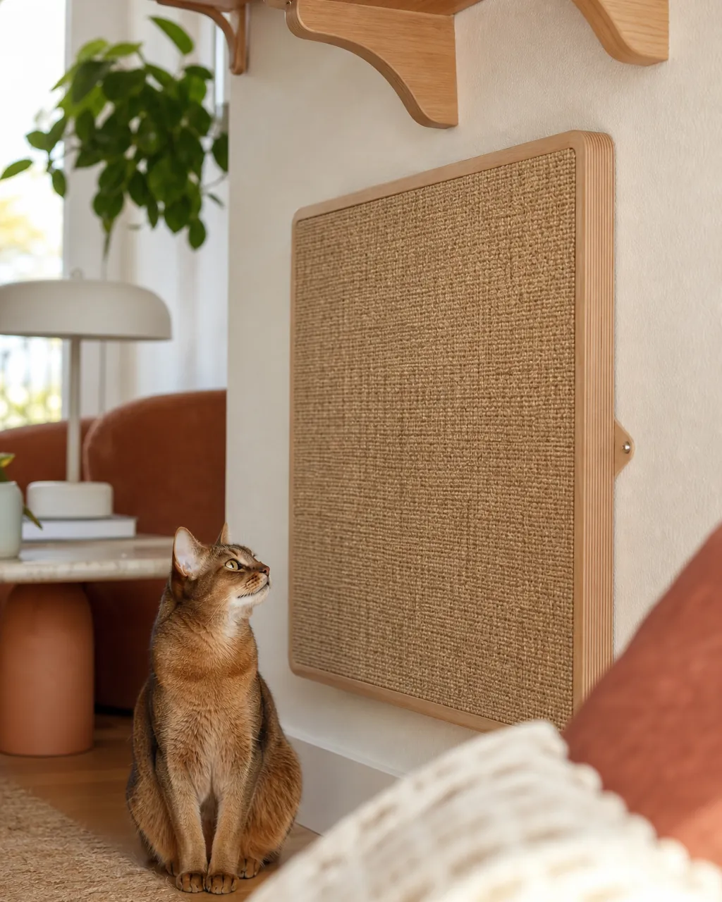 Sisal panel mounted on the wall at the foot of a run of cat shelves