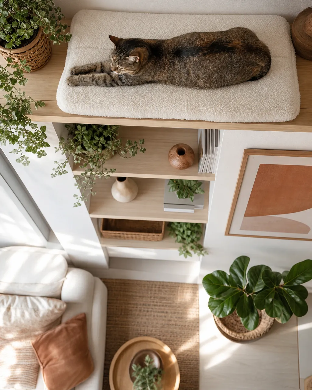 Wide cushioned platform at the top of a shelf run with a cat lying full length