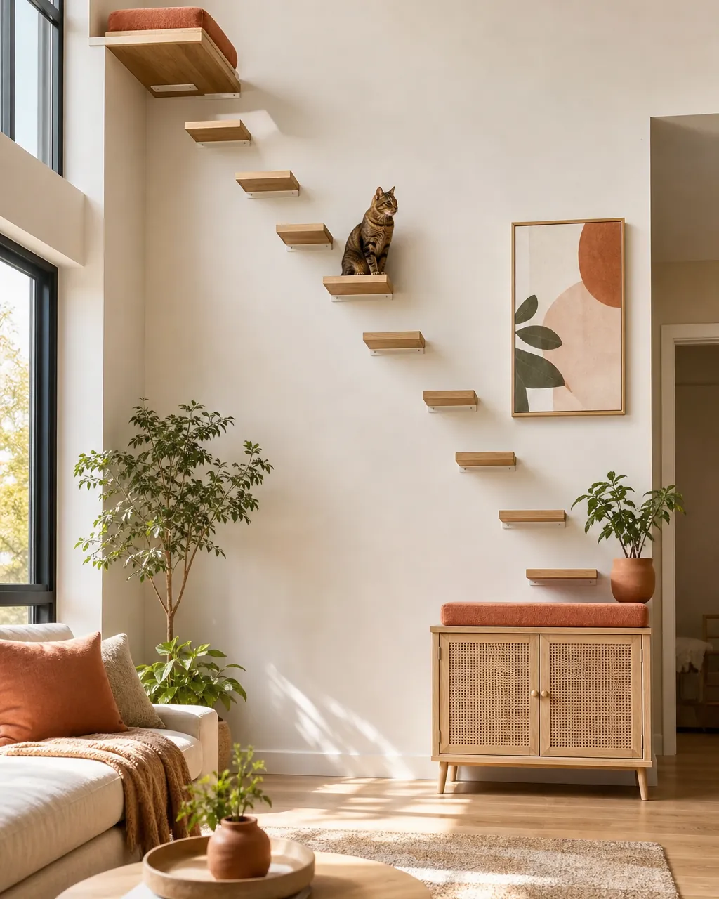 Descending run of shelves stepping down from a high platform to a cabinet