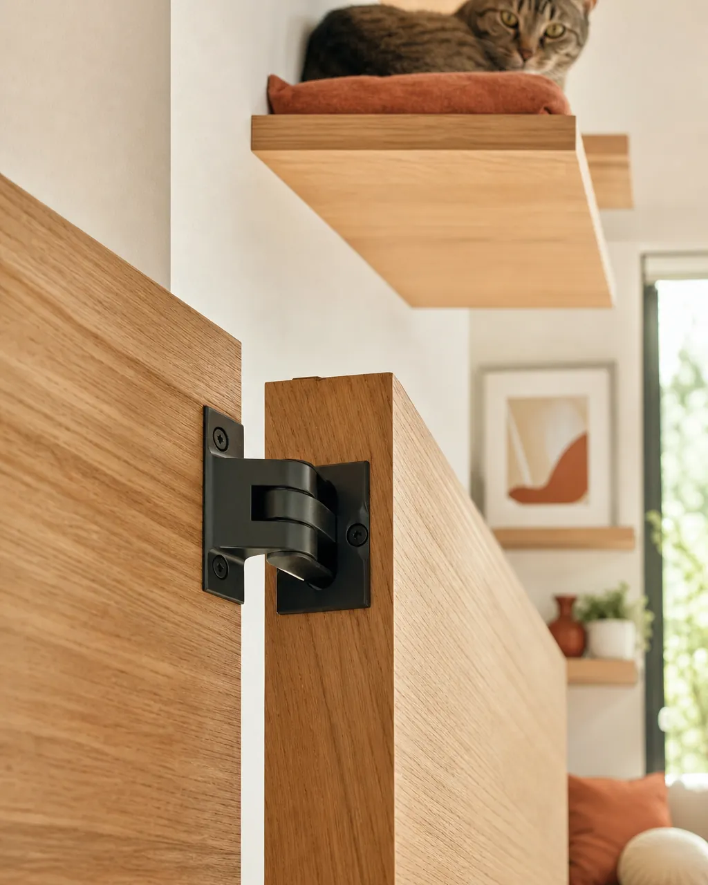 Open door swinging past a wall with its arc clear of the shelves above