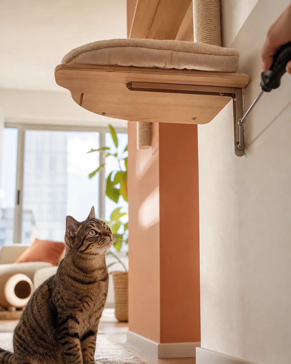 Screwdriver turning a bracket screw underneath a mounted cat shelf