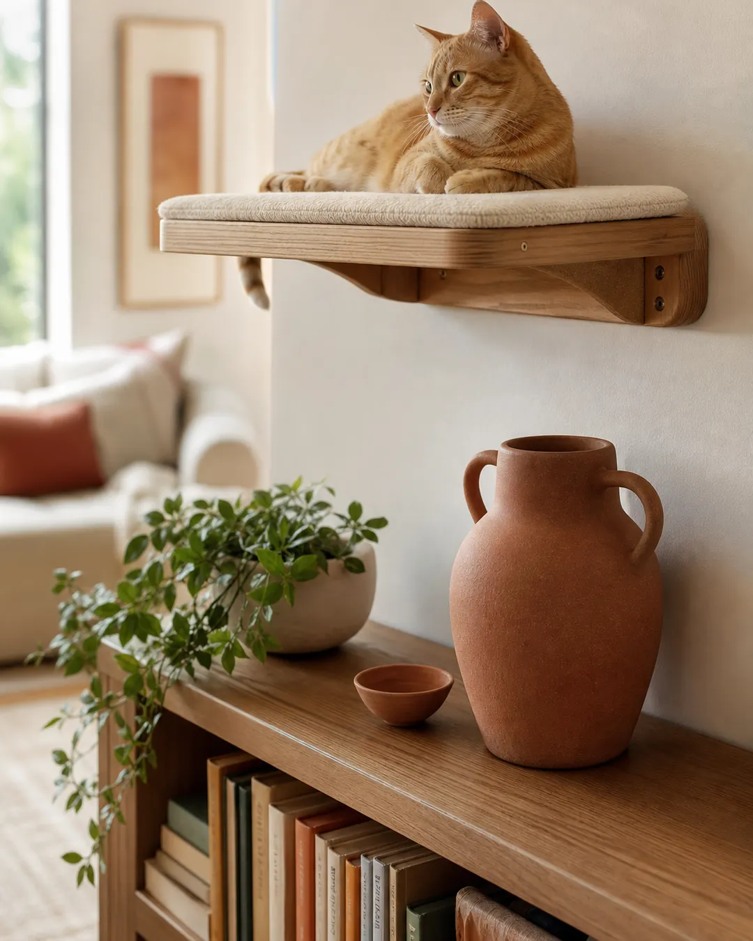 Low bookcase beside a wall with the first cat shelf mounted just above it
