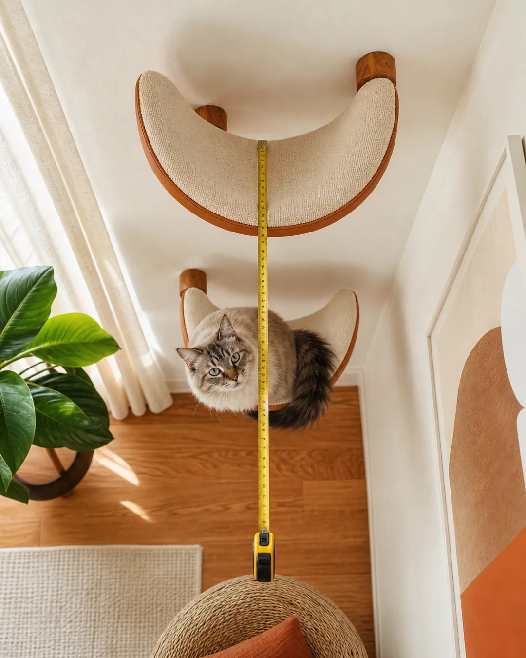 Tape measure held vertically in the gap between two mounted cat shelves