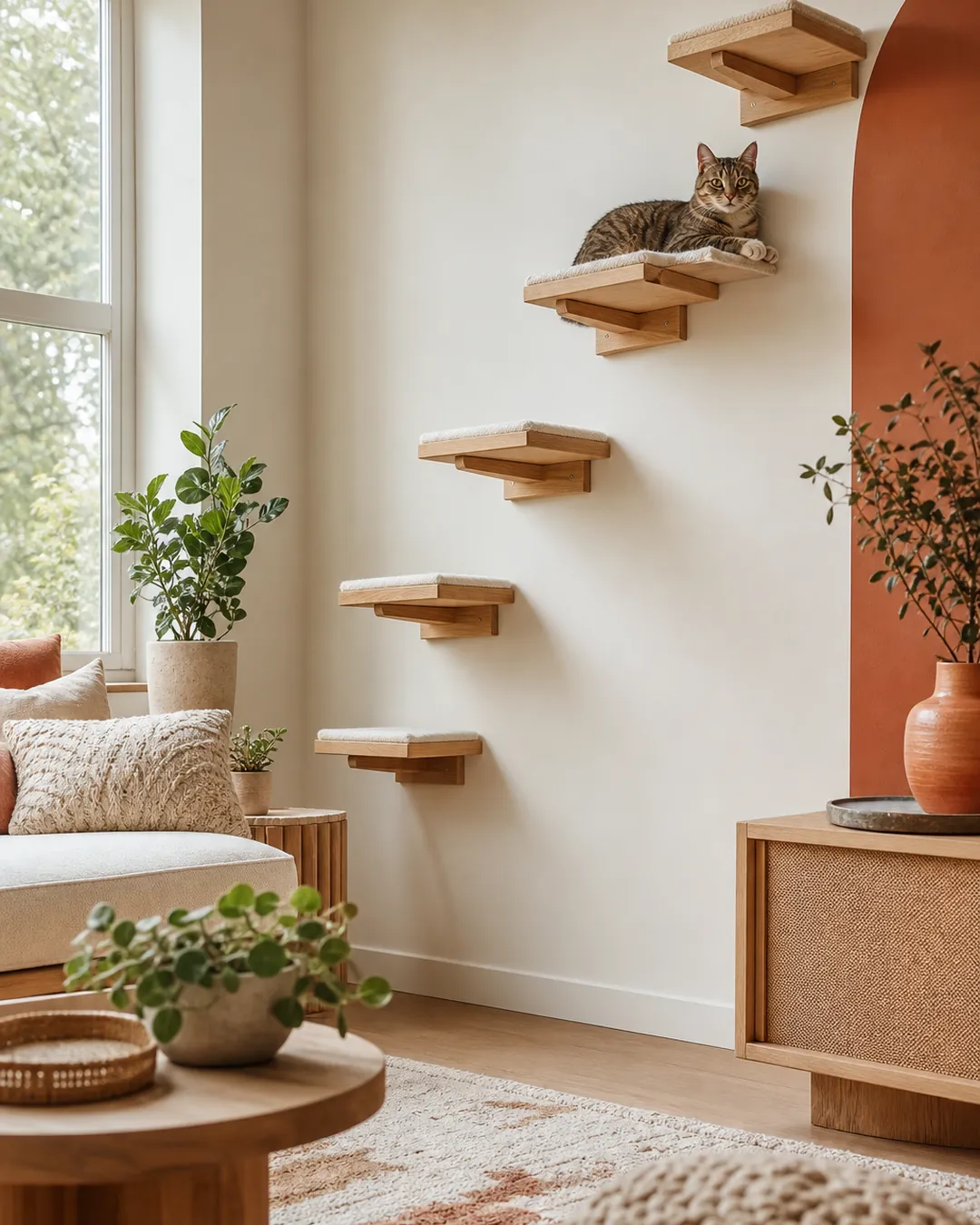 Cat shelves mounted in a diagonal staircase pattern across a plain wall