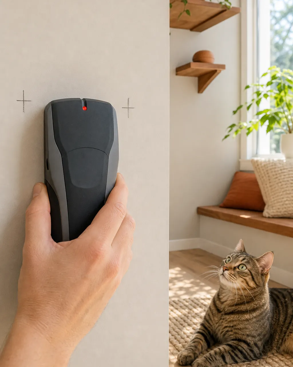 Electronic stud finder held flat against a bare wall beside two pencil marks