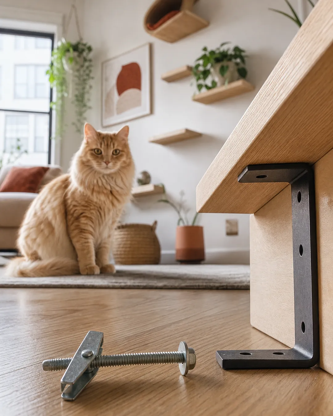 Heavy-duty toggle bolt lying on a wooden floor beside a shelf bracket