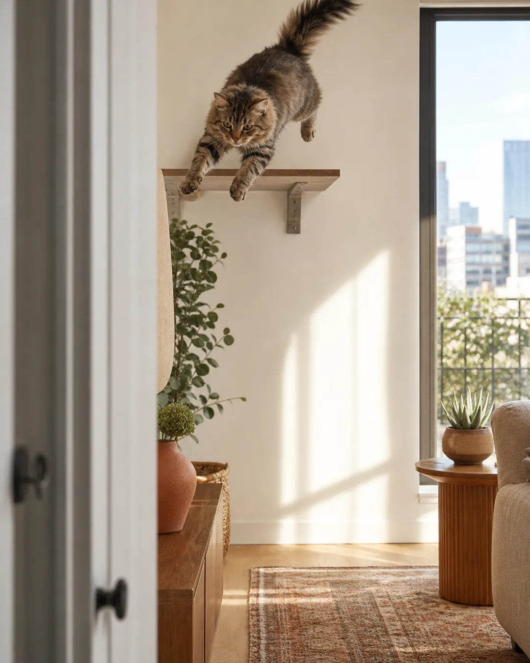 Cat landing heavily on a wall shelf with its bracket visible underneath