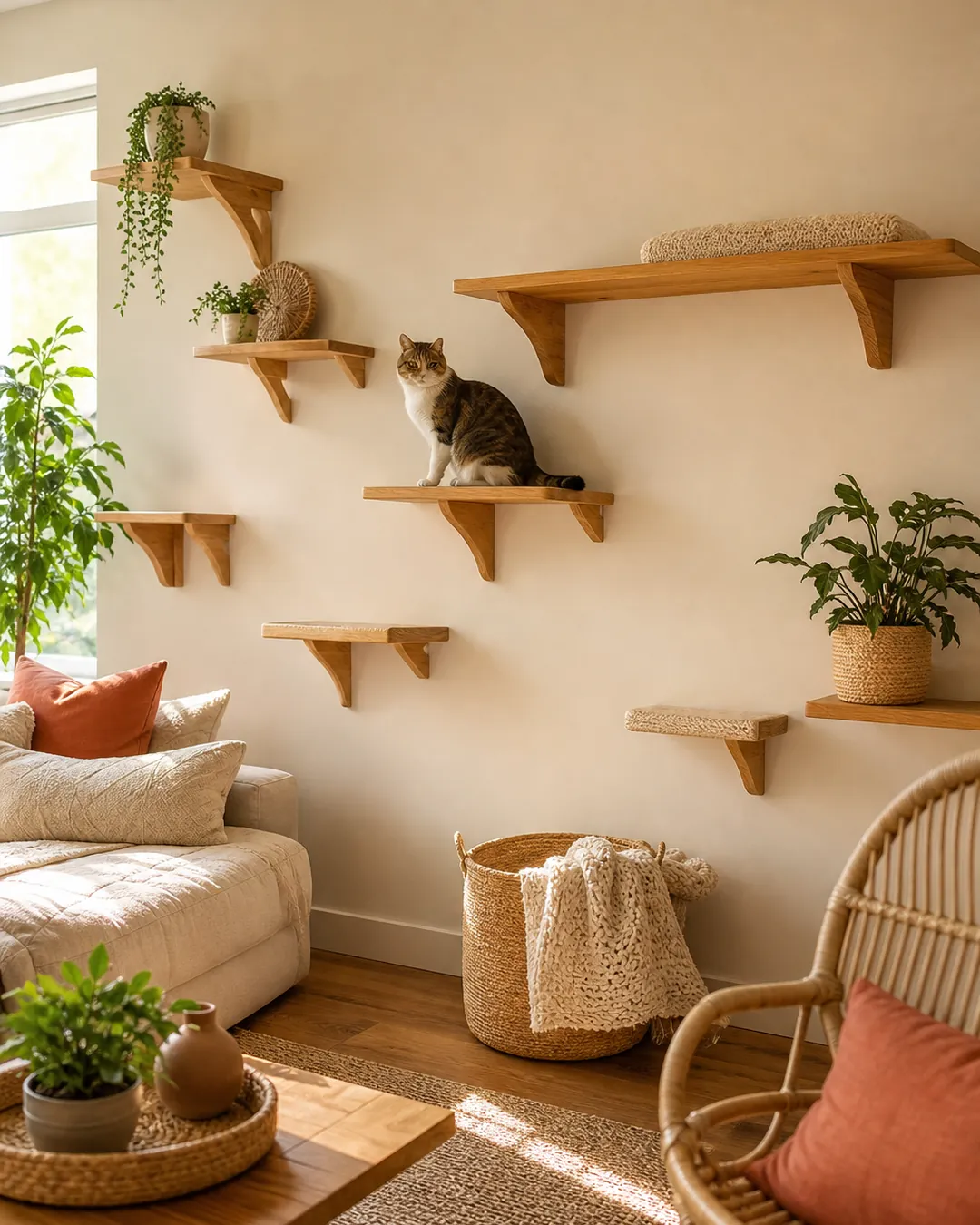 Matching set of wooden cat shelves arranged in a run across one wall