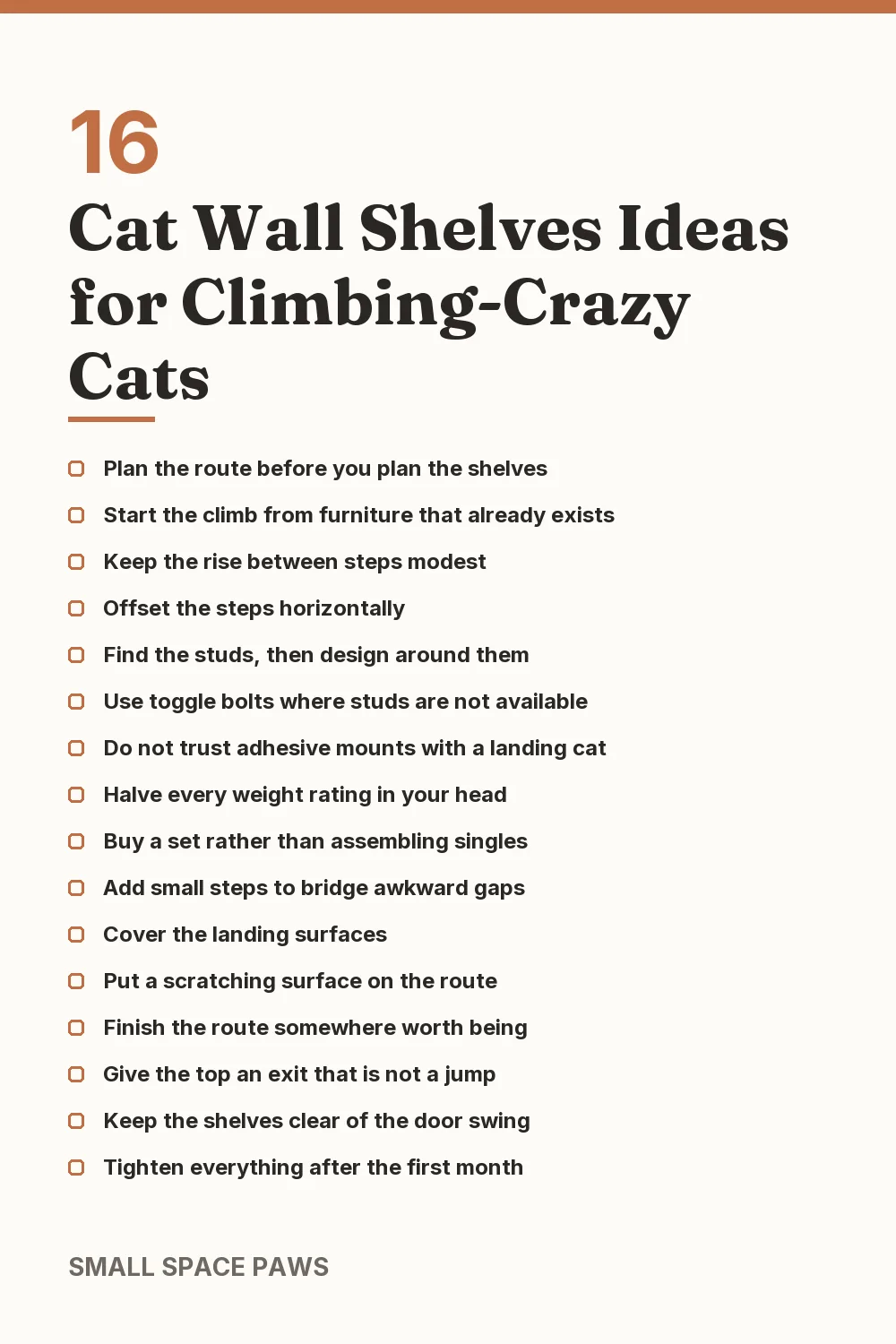 Checklist of every idea in 16 Cat Wall Shelves Ideas for Climbing-Crazy Cats
