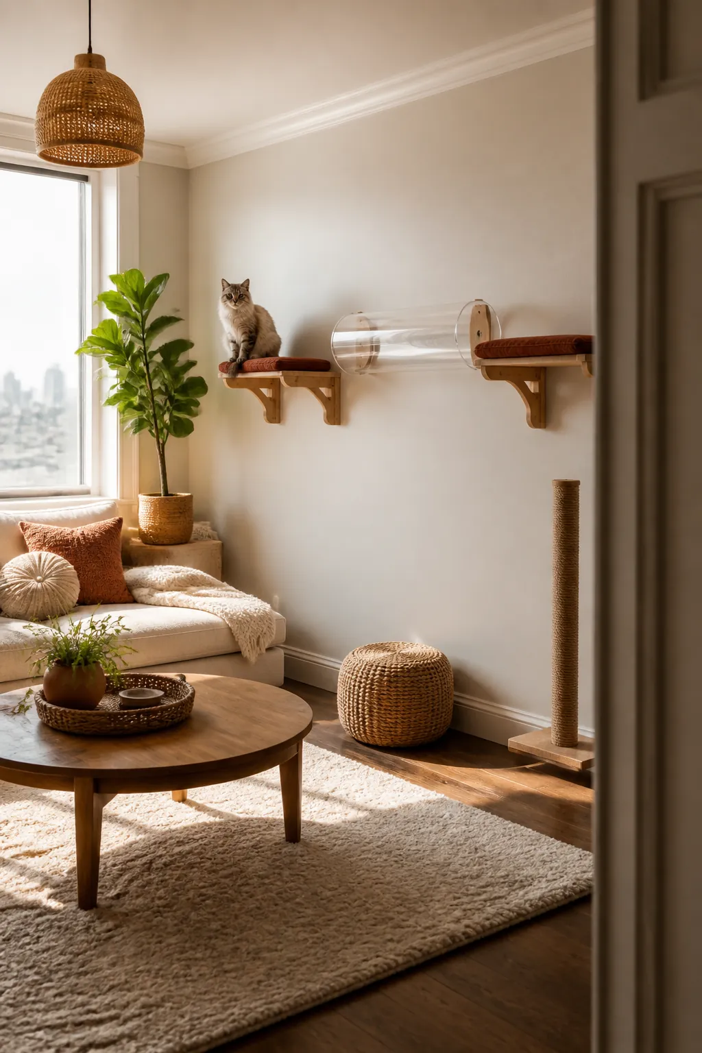 Clear acrylic tunnel section resting against a wall between two existing cat wall shelves