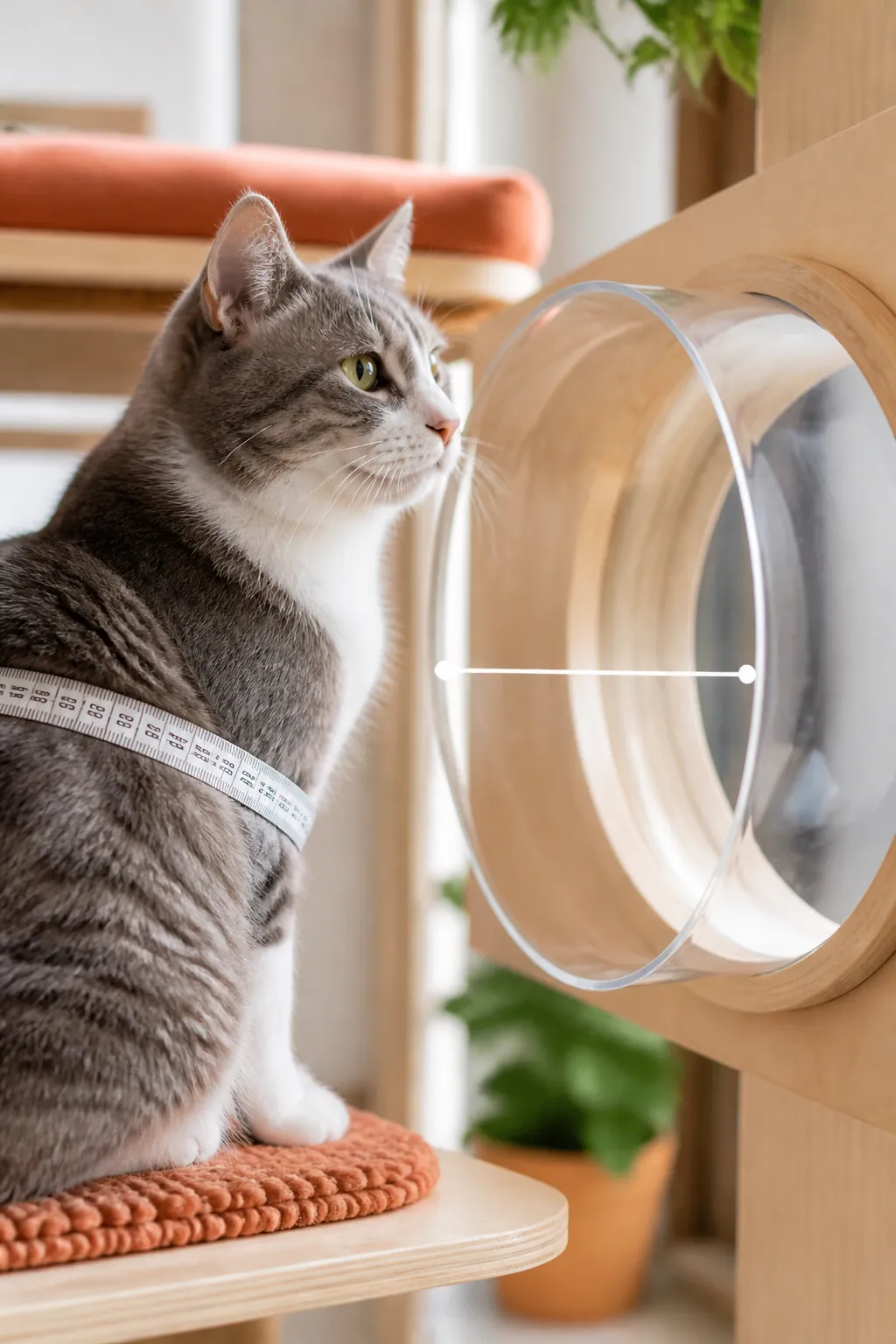 Tape measure wrapped around a cat's rib cage beside a clear acrylic tunnel tube section