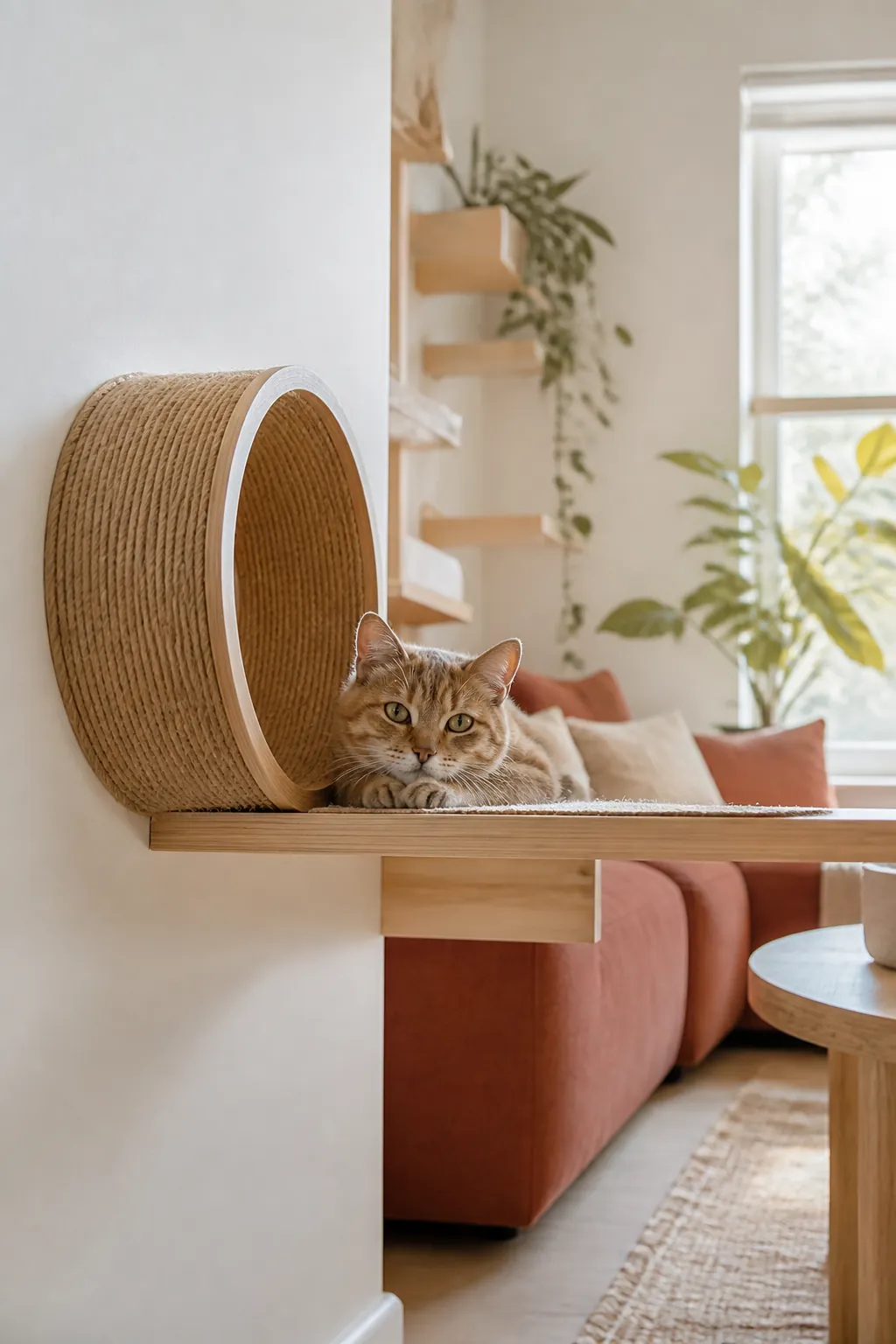 Tunnel opening joined flush against the flat top of a wall-mounted cat shelf