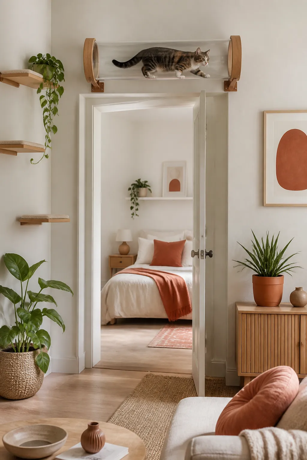 Tunnel section mounted on the wall directly above an open door frame's swing