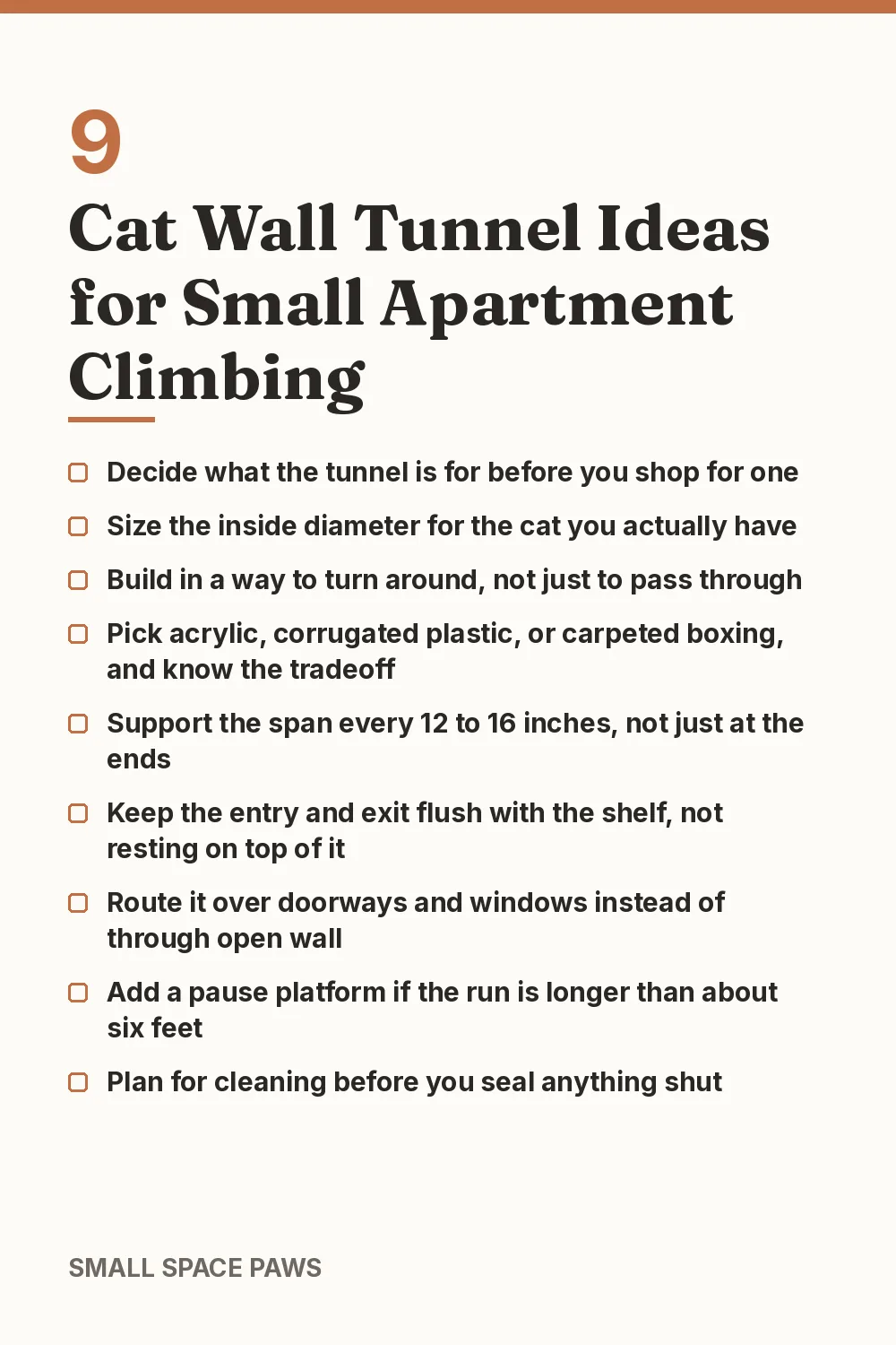 Checklist of every idea in 9 Cat Wall Tunnel Ideas for Small Apartment Climbing