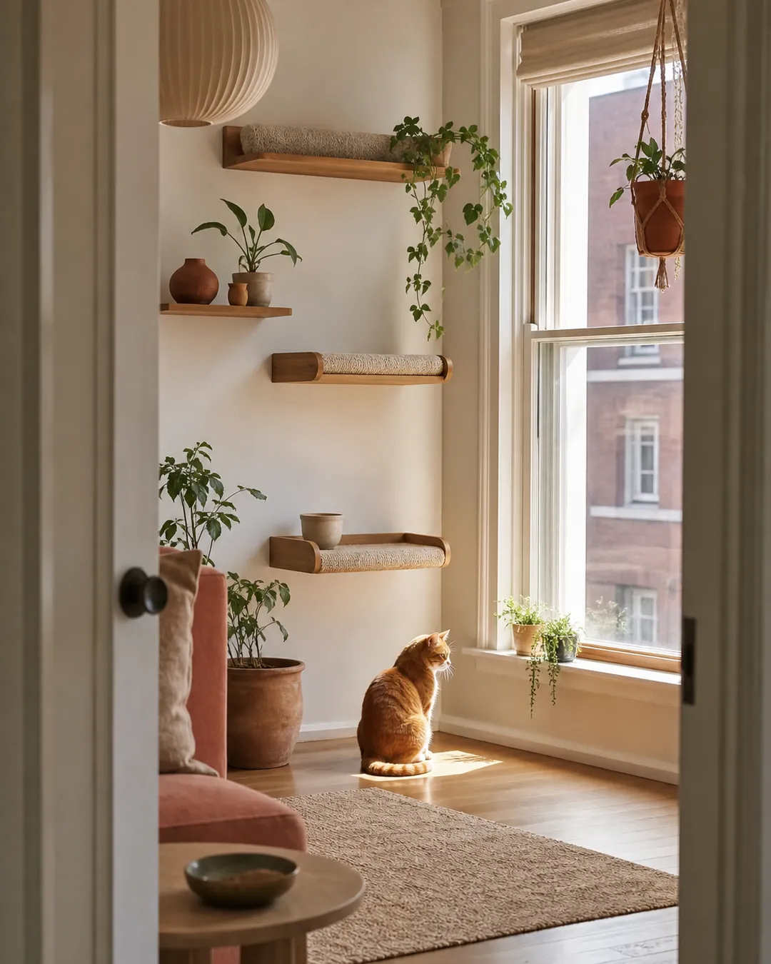 Cat sitting in a patch of sunlight on a bare floor beside a window