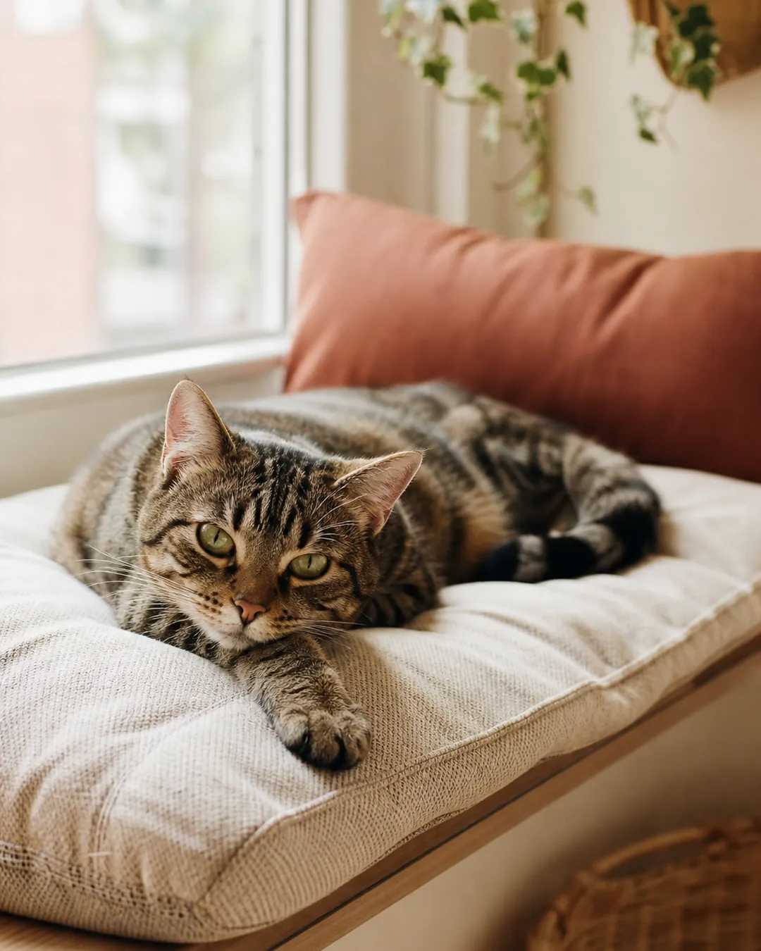 Cushioned bed resting on a deep windowsill with a cat lying on it