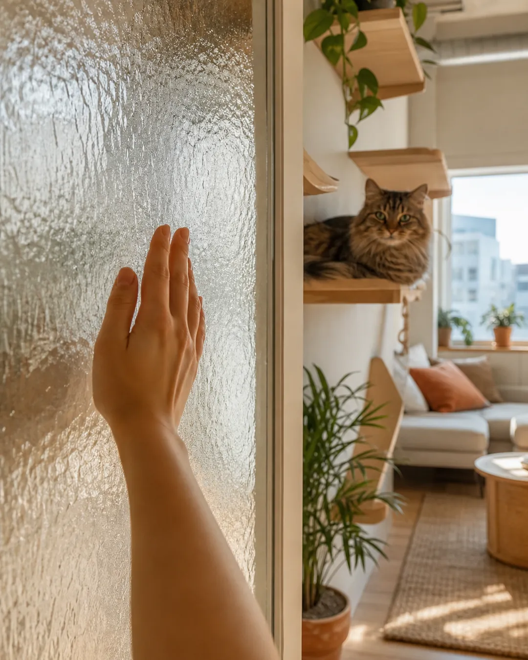Hand running across frosted textured glass beside a clear smooth pane