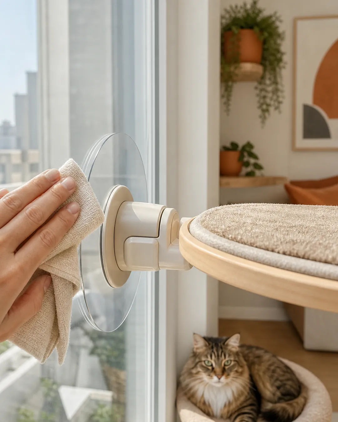 Cloth wiping a clean circle on glass where a suction cup will sit
